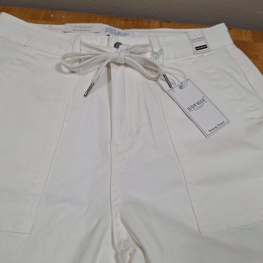 New Judy Blue Jeans Pants Wom‎ Sz 7/28 White High Waist Drawstring JB88812 Denim